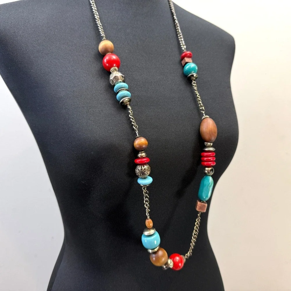 Long Boho Wood Beaded Necklace Acrylic Turquoise Accents Fashion Jewelry 19 in L